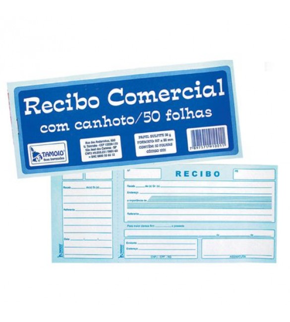 Bloco Recibo de Comercial c/canhoto 50 fls Tamoio - Pacote com 5 blocos